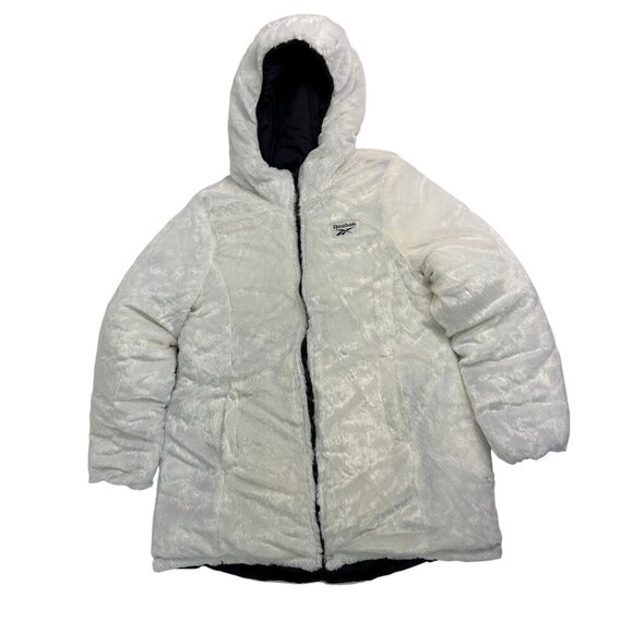 Women’s Reversible Hooded Winter Coat Puffer Jacket Black/White Faux Fur Size L - Picture 3 of 13